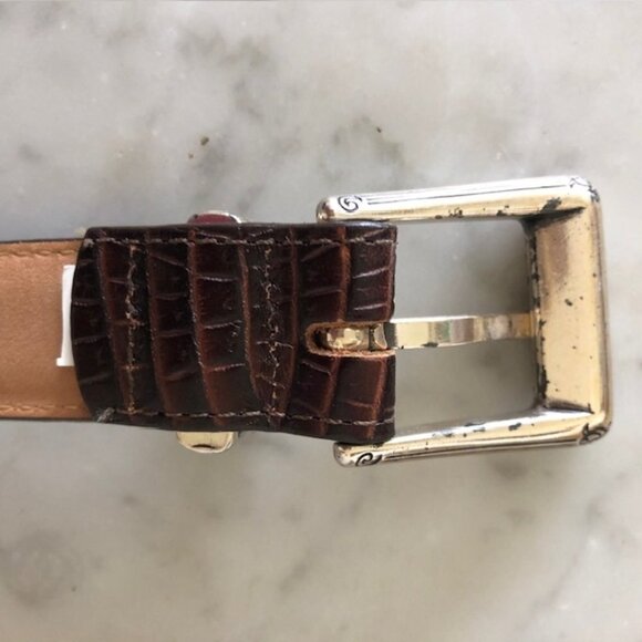 TALBOTS Crocodile Print Brown Western Silver Scroll Buckle Belt Large - Picture 8 of 16